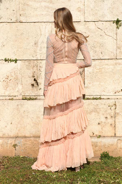 Peach Embroidered Choli with Layered Skirt (R0463)