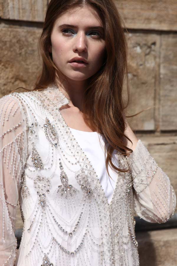 Off White Net Jacket with Gown (R0457)