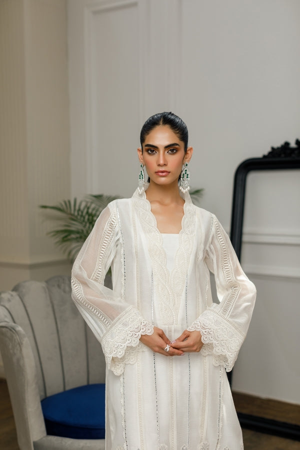 Off White Cotton Net Kurta (8328)