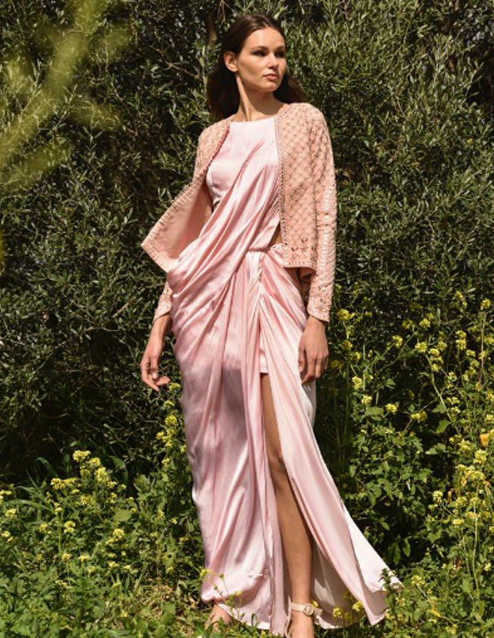 Rose Pink Satin Gown with Short Georgette Jacket (OA-72) – Rozina