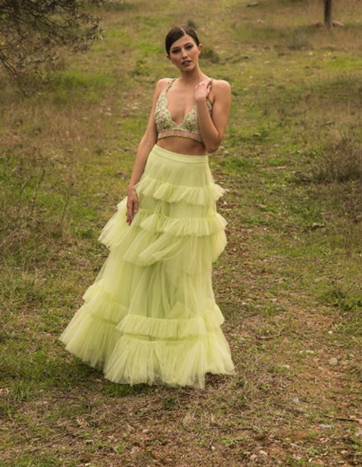 Lime Green Embroidered Blouse with Layered Skirt (OA-75)