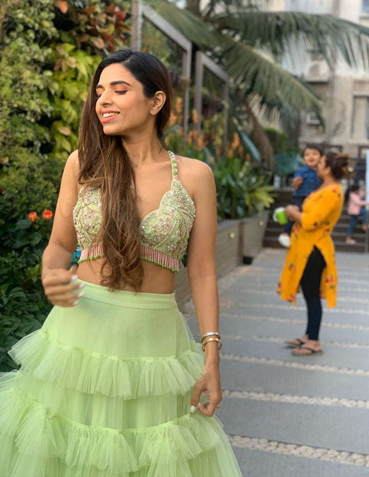 Lime Green Embroidered Blouse with Layered Skirt (OA-75)
