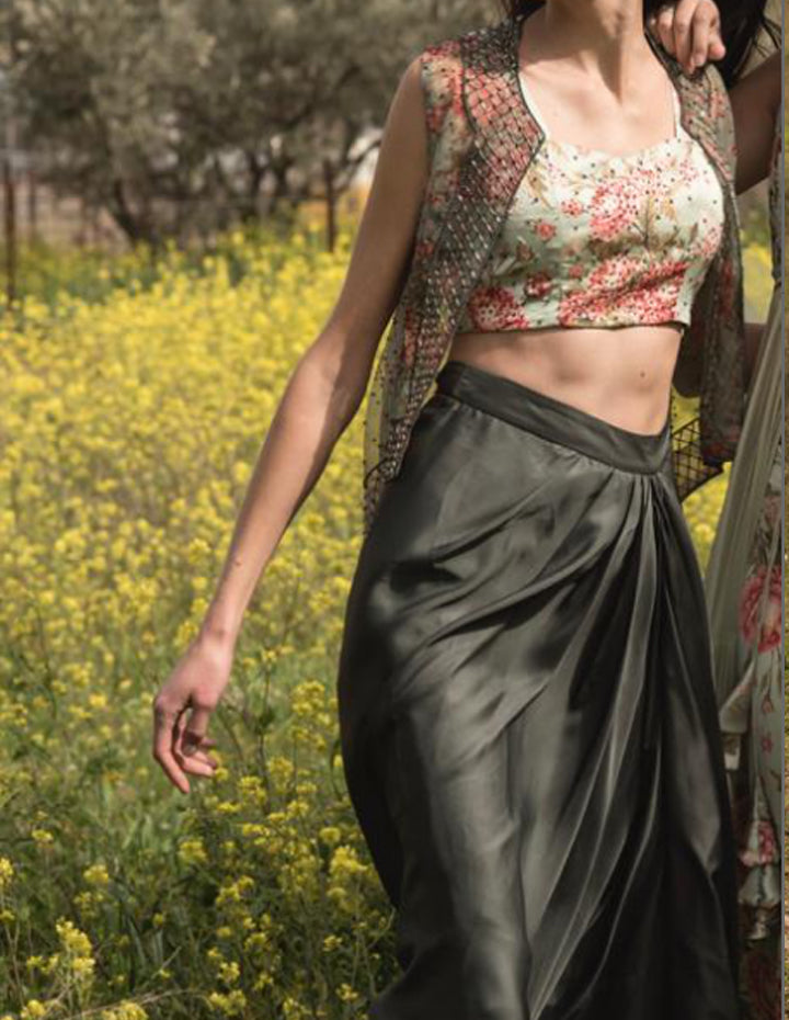 Emerald Satin Skirt with Printed Blouse & Embroidered Jacket (OA-78)