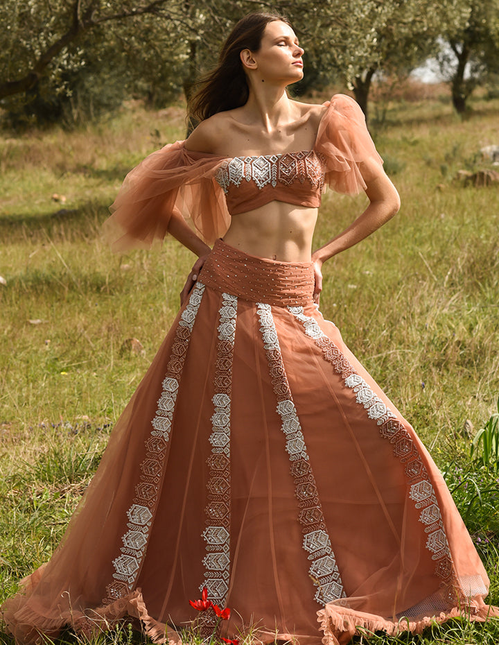 Peach Choli & Embroidered Ghagra with Ruffled Dupatta (OA-85)