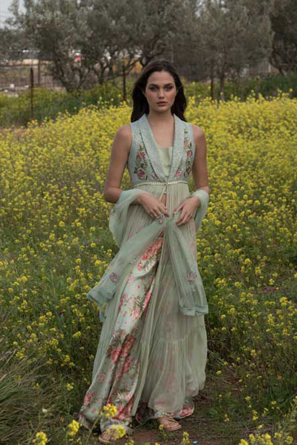 Pista Green Anarkali with Printed Palazzo Pant & Dupatta (OA-79)