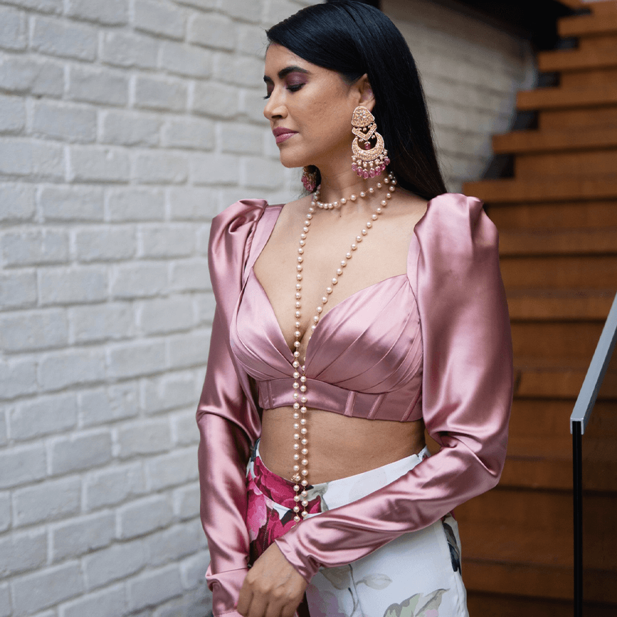 Floral Pallazo Pant with Rose Pink Satin Top (AOB-05)