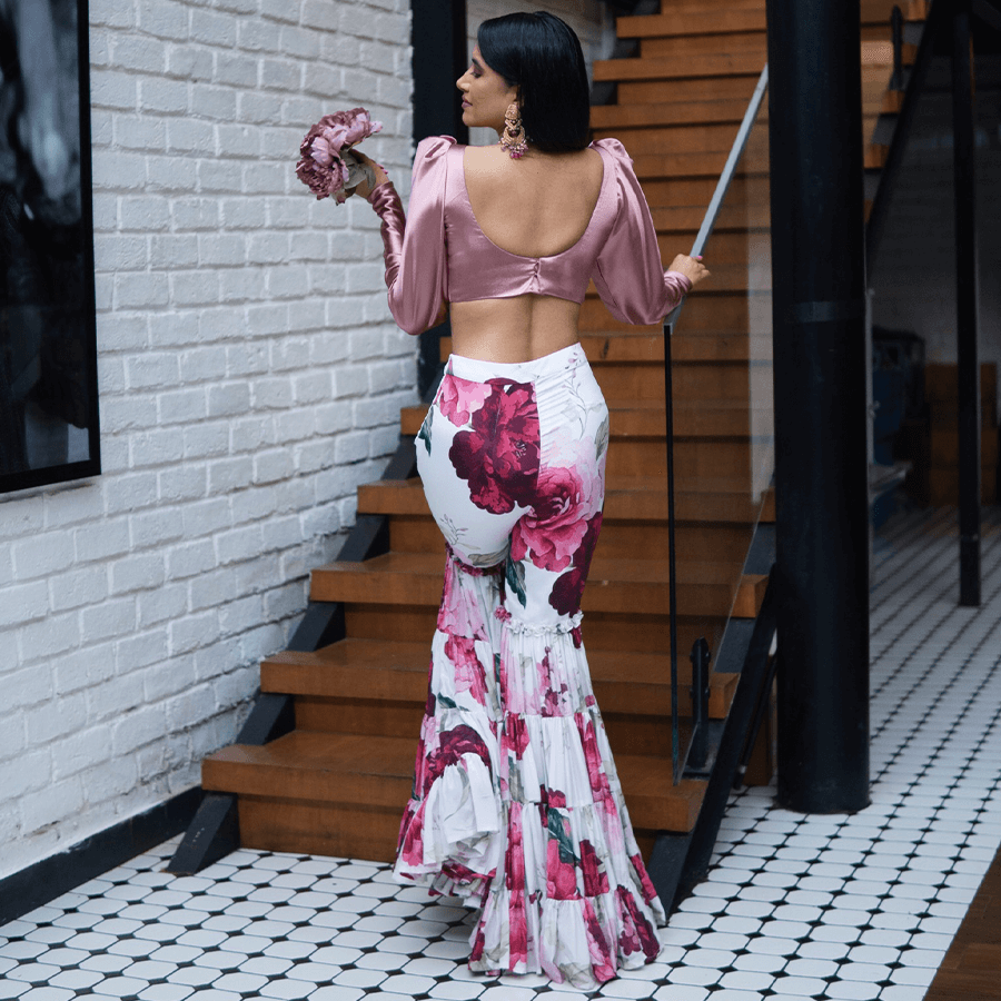 Floral Pallazo Pant with Rose Pink Satin Top (AOB-05)