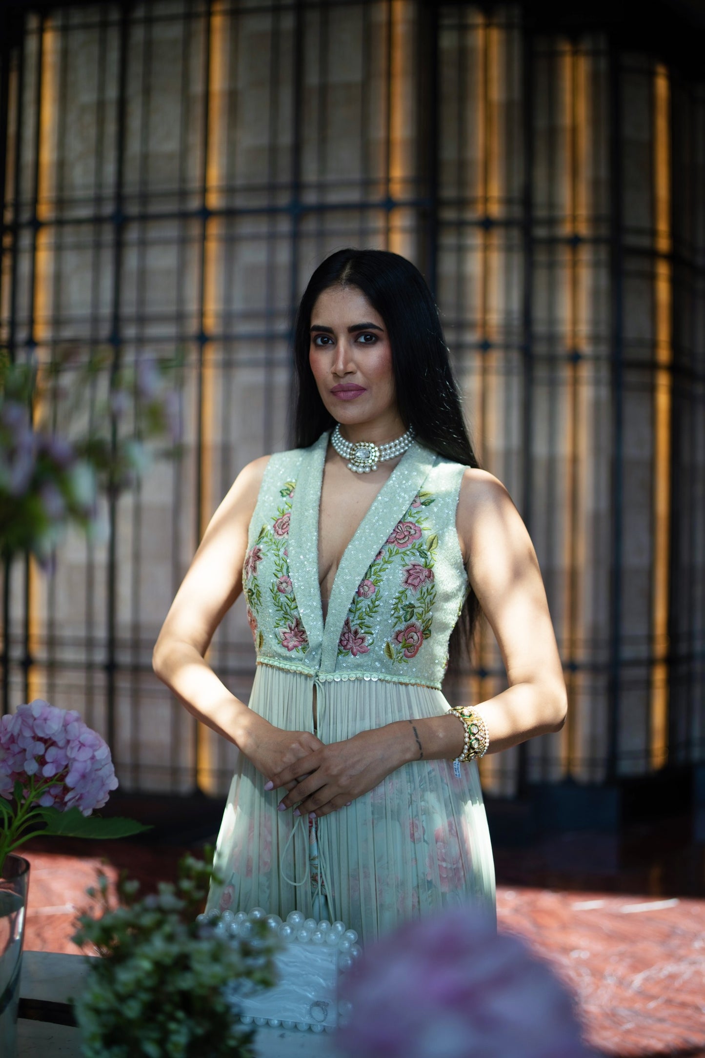 Sequins Embriodery Pista Green Jacket with Pallazo