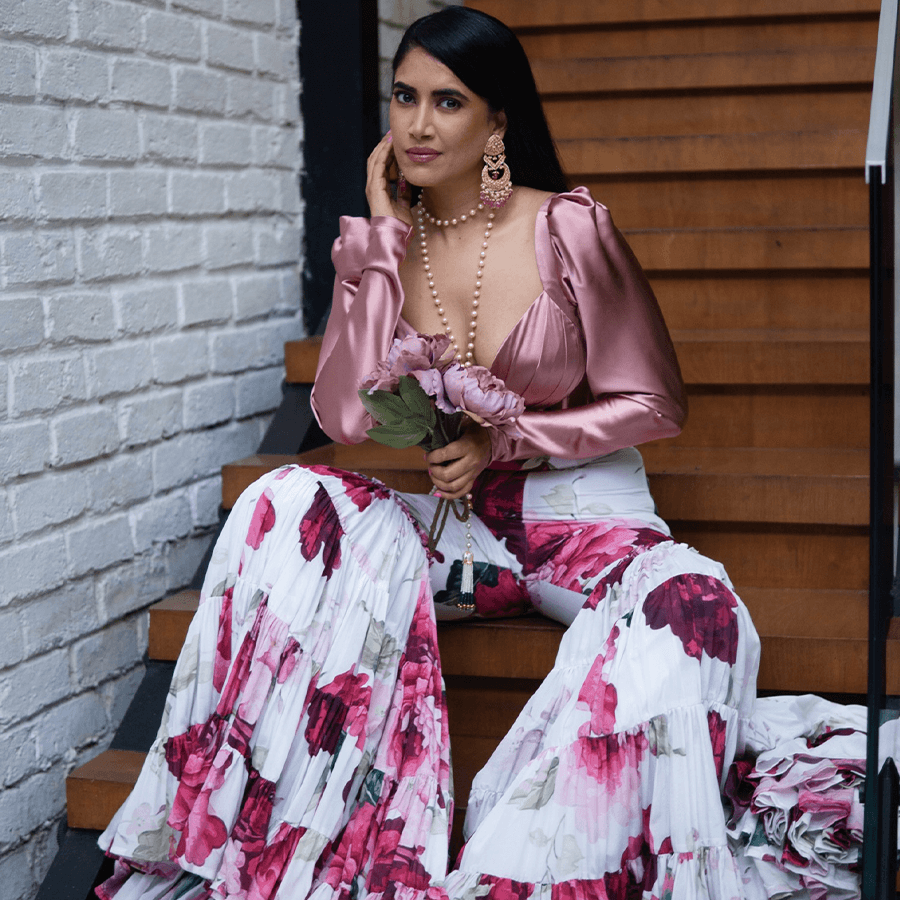 Floral Pallazo Pant with Rose Pink Satin Top (AOB-05)