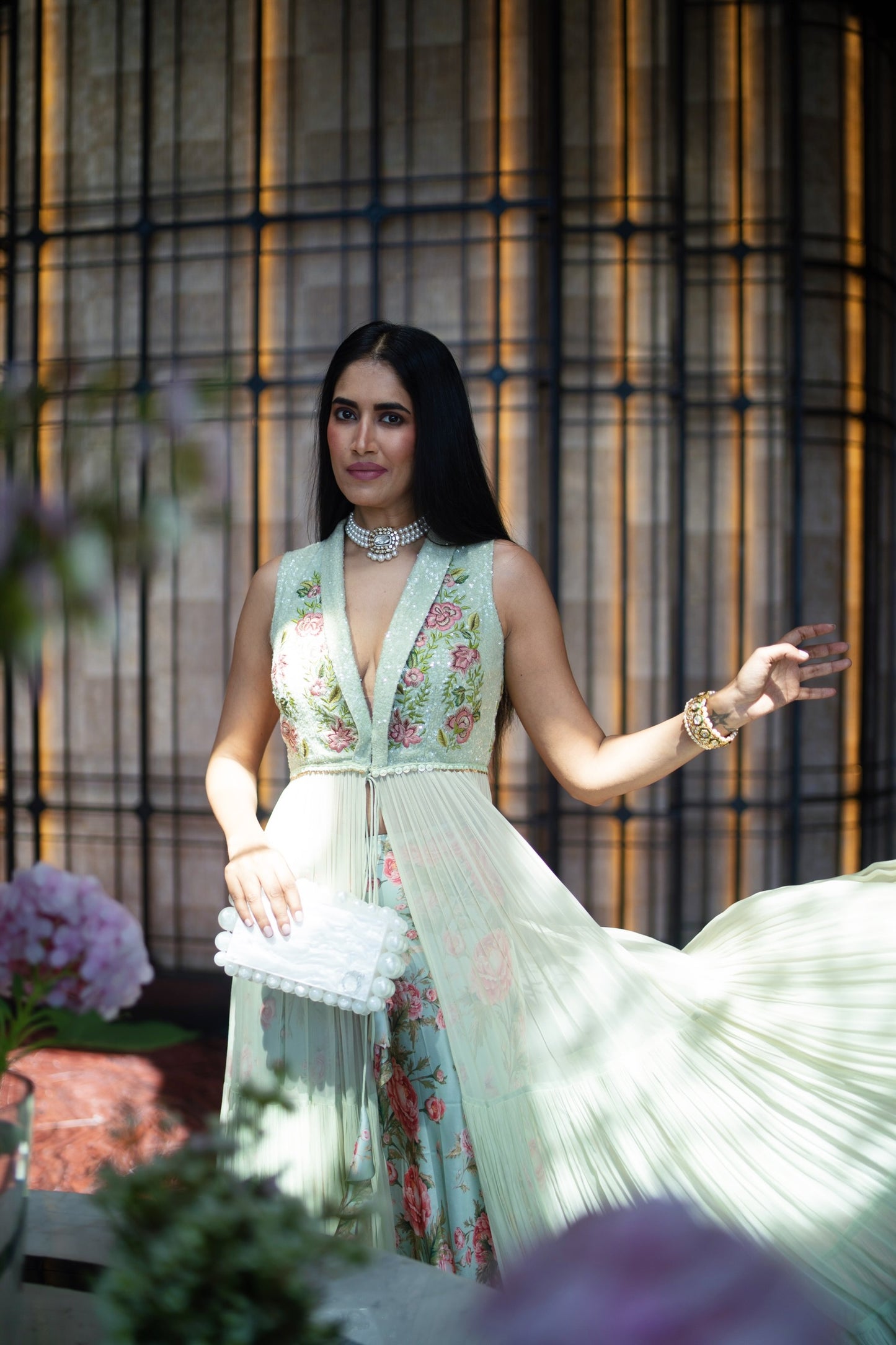 Sequins Embriodery Pista Green Jacket with Pallazo
