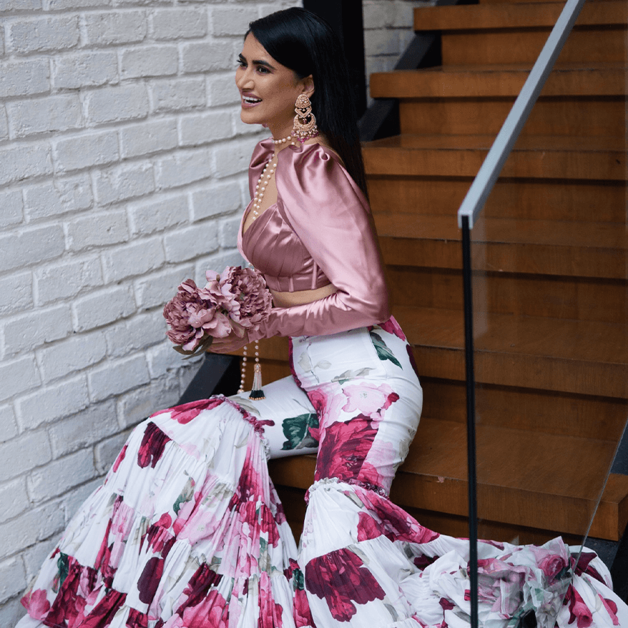 Floral Pallazo Pant with Rose Pink Satin Top (AOB-05)
