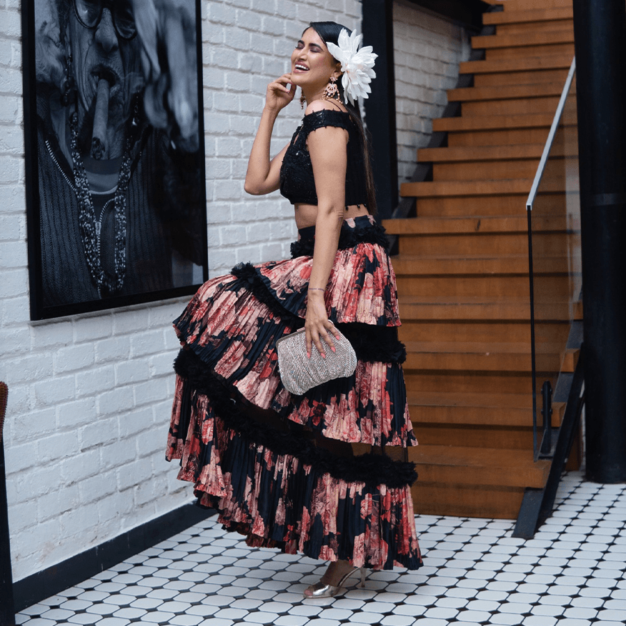 Black Embroidered Blouse with Floral Skirt (BIS-789)