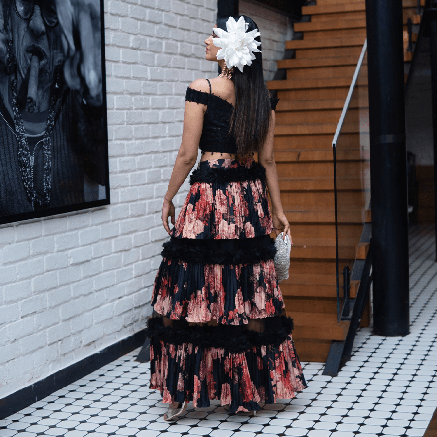 Black Embroidered Blouse with Floral Skirt (BIS-789)