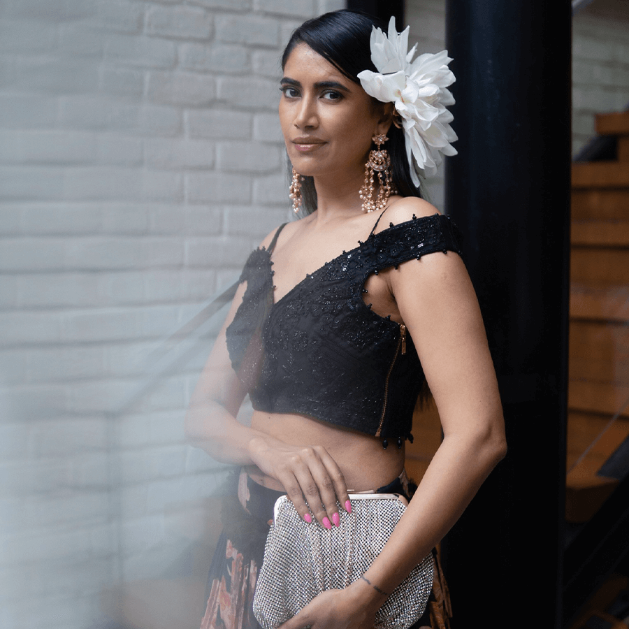 Black Embroidered Blouse with Floral Skirt (BIS-789)