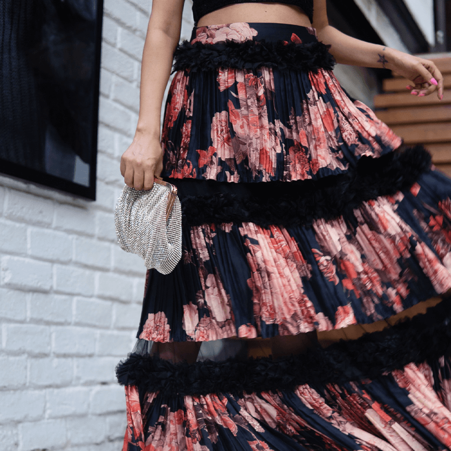 Black Embroidered Blouse with Floral Skirt (BIS-789)