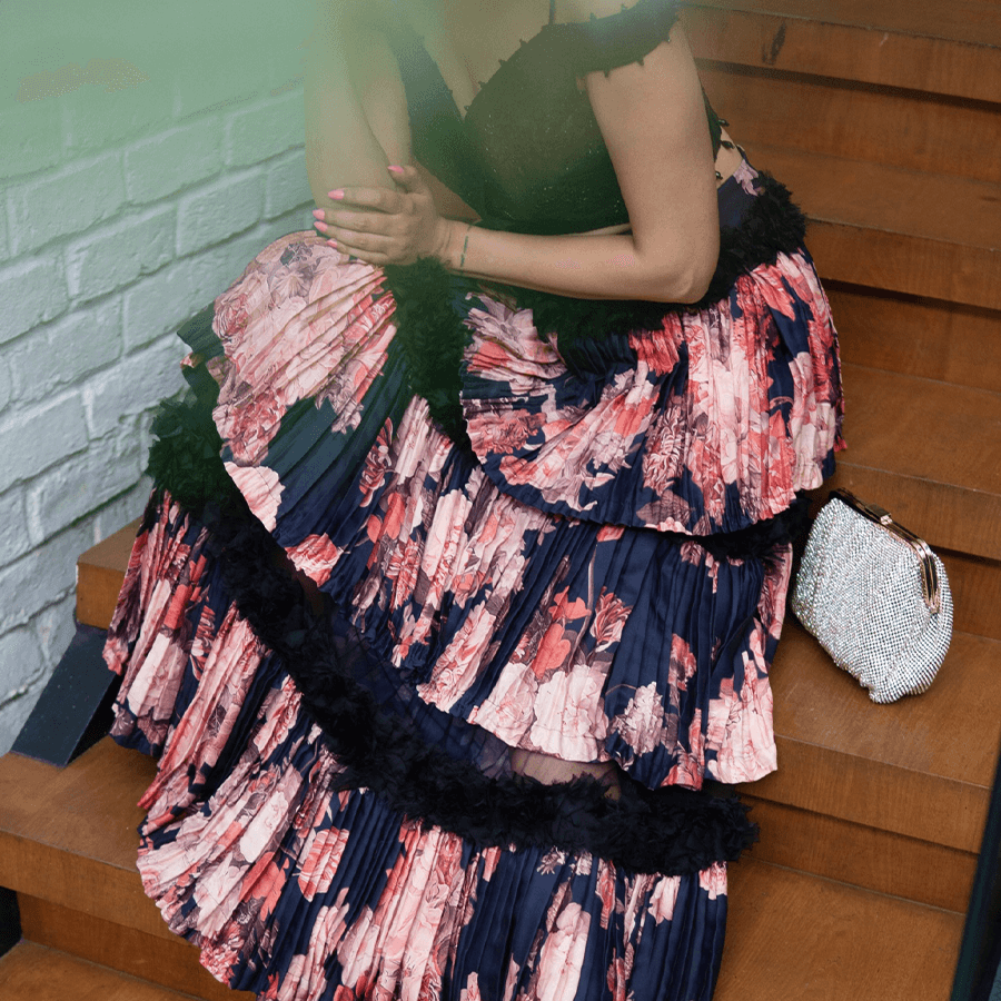 Black Embroidered Blouse with Floral Skirt (BIS-789)