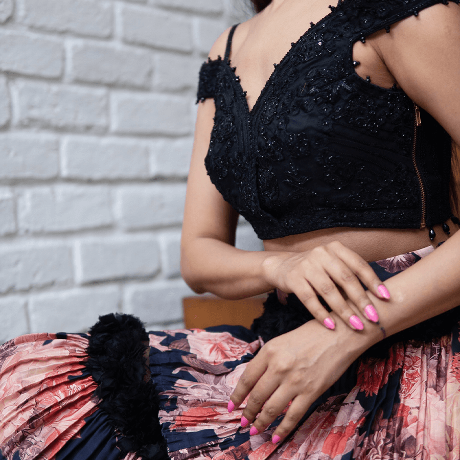 Black Embroidered Blouse with Floral Skirt (BIS-789)