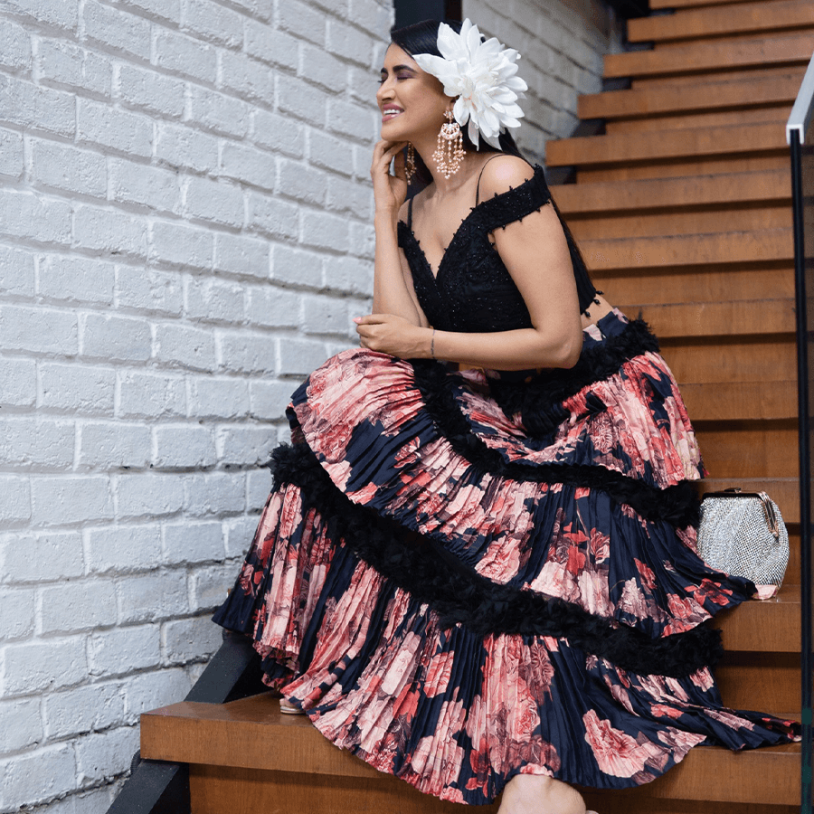 Black Embroidered Blouse with Floral Skirt (BIS-789)