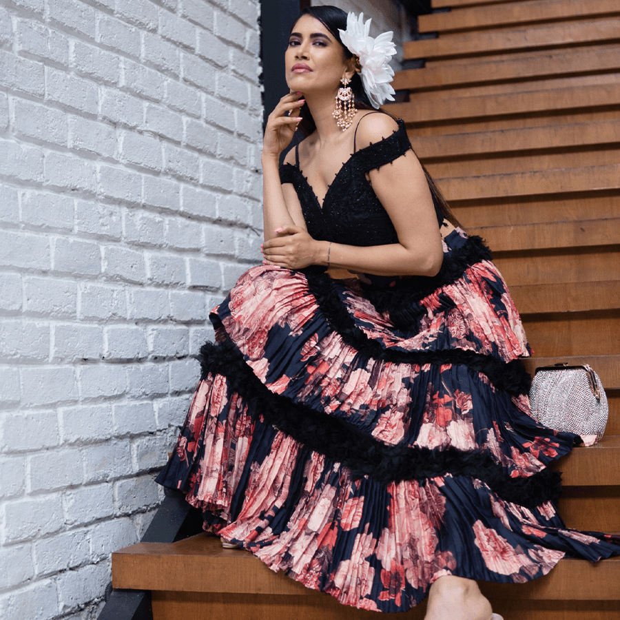 Black Embroidered Blouse with Floral Skirt (BIS-789)