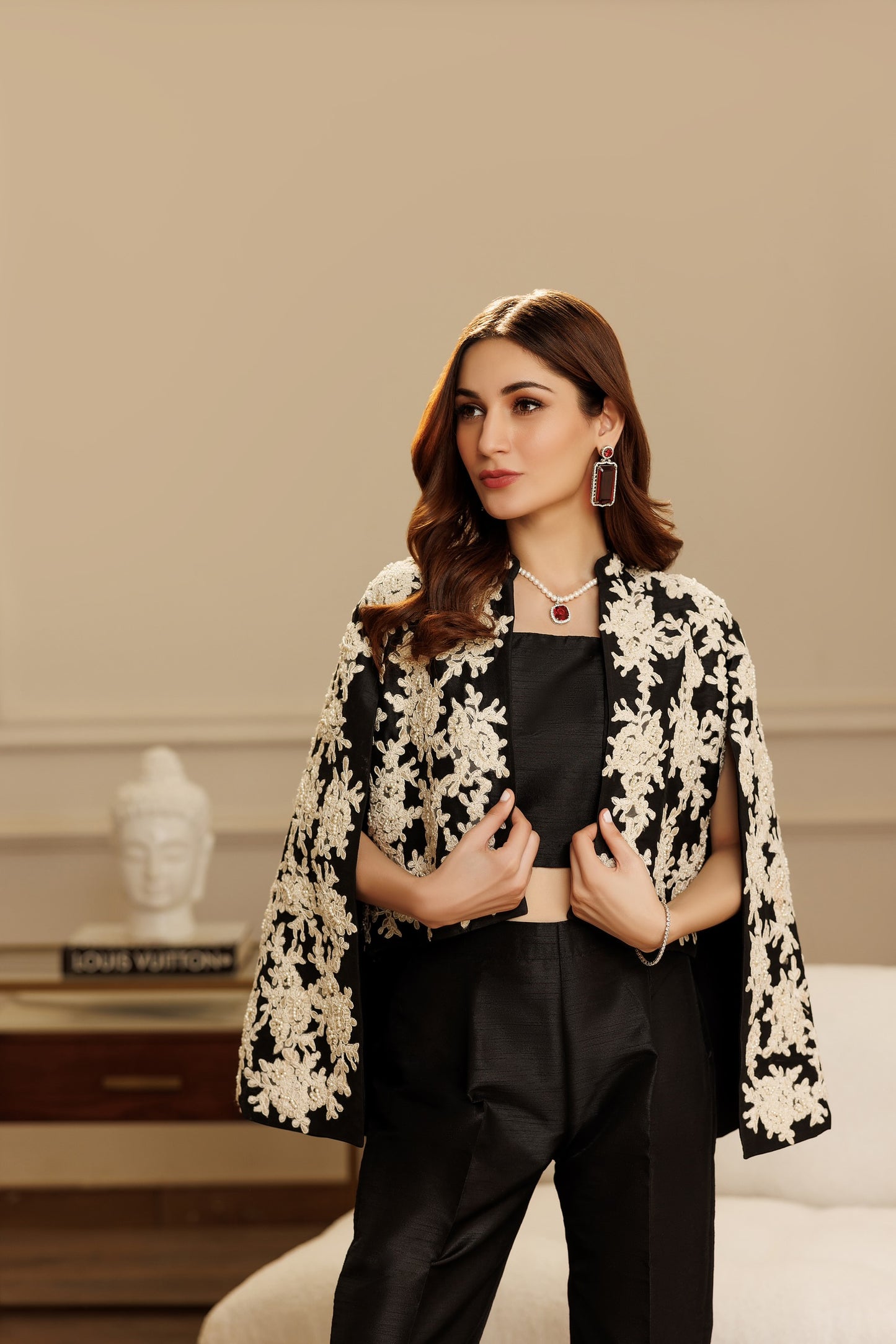 A Black Embroidered Cape with Pants (RV-720)