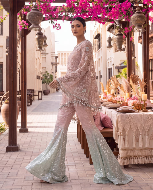 Mint ombre tulle jacket with bustier set - front