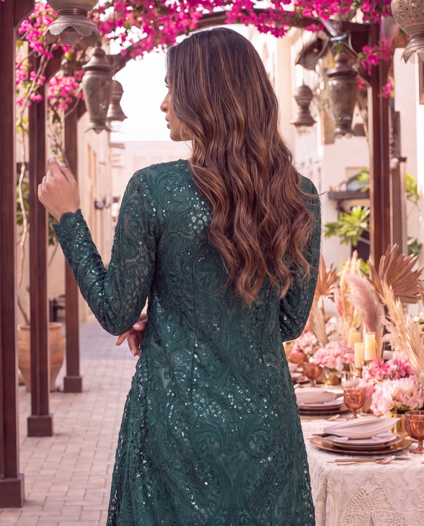 Emerald Green Embroidered Net Jacket with Satin Skirt