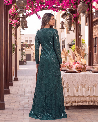 Emerald Green Embroidered Net Jacket with Satin Skirt