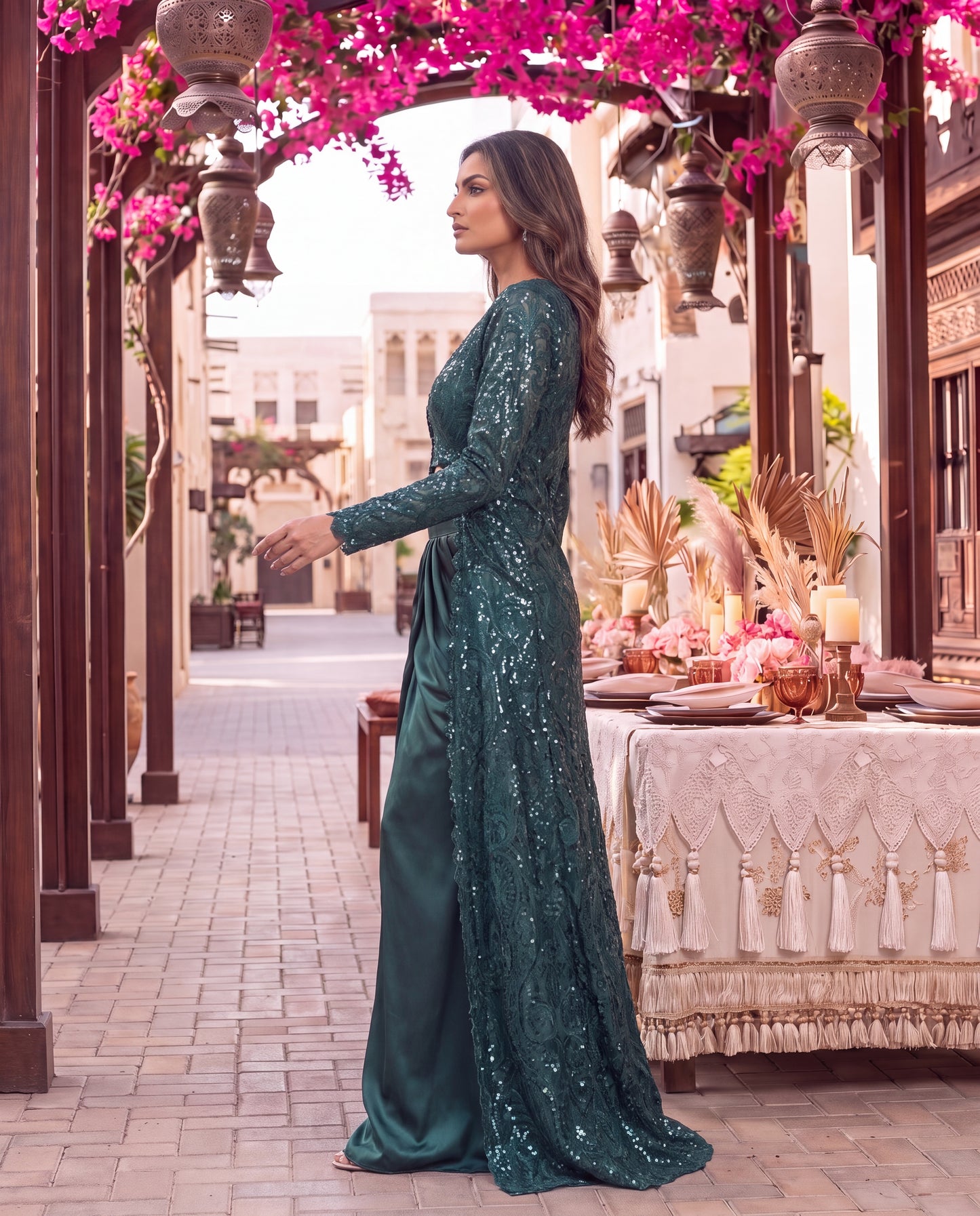 Emerald Green Embroidered Net Jacket with Satin Skirt