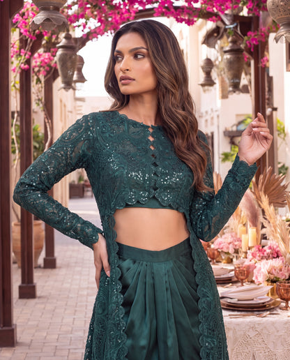 Emerald Green Embroidered Net Jacket with Satin Skirt