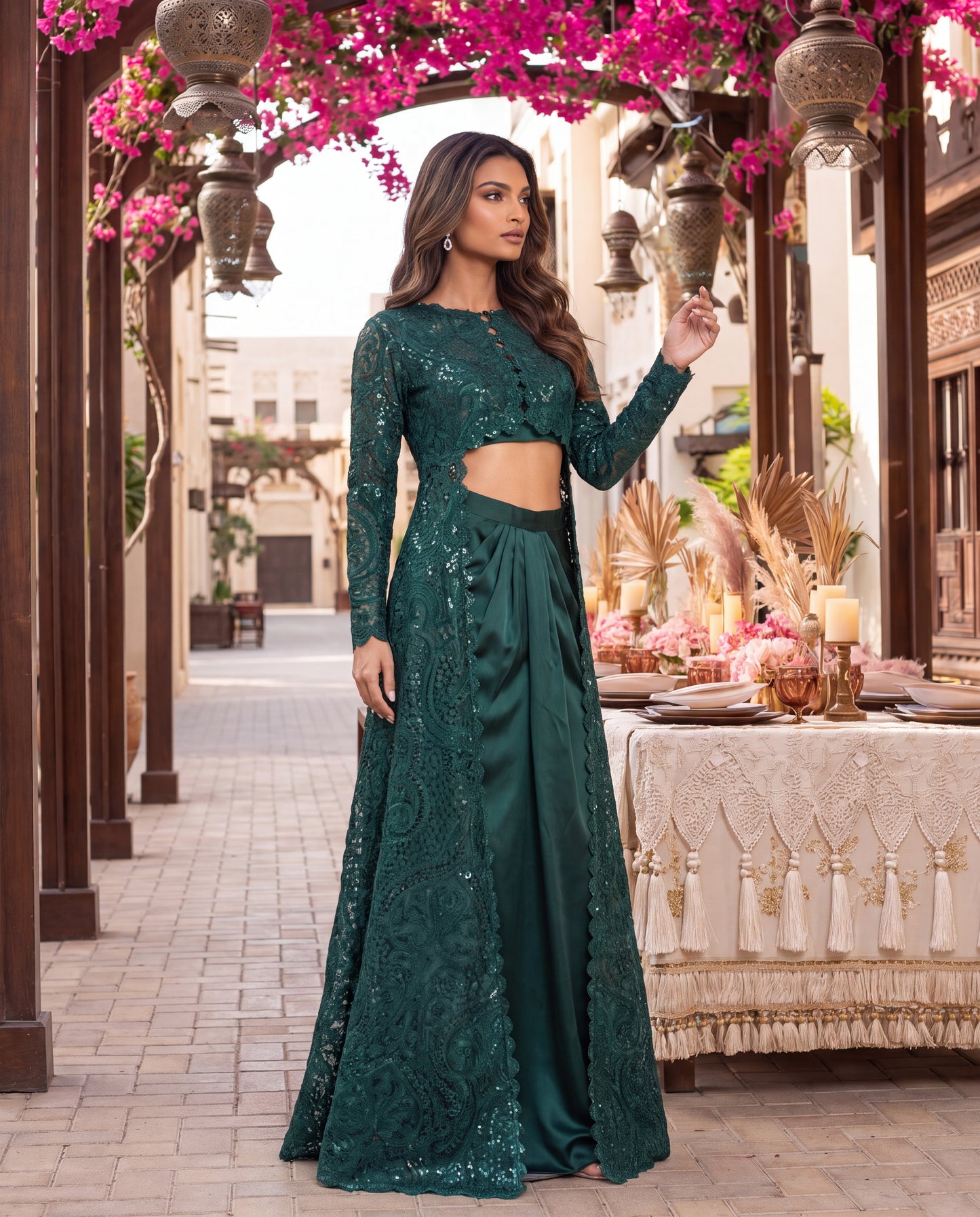 Emerald Green Embroidered Net Jacket with Satin Skirt