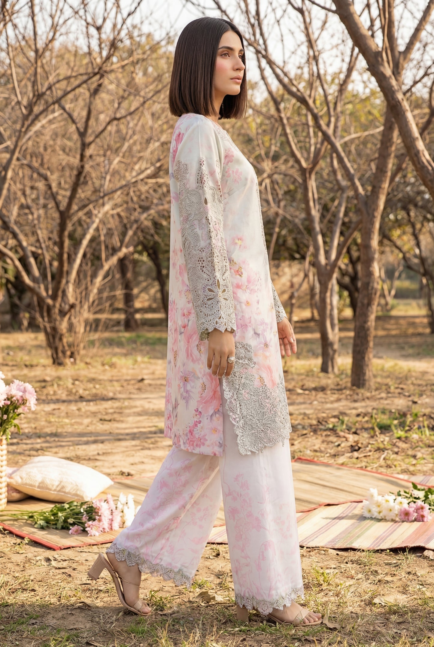 Blush Pink Floral Swiss Lawn Co-Ord Set with Schiffli Lace