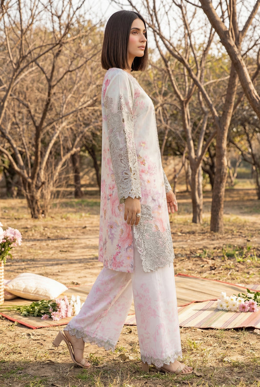 Blush Pink Floral Swiss Lawn Co-Ord Set with Schiffli Lace