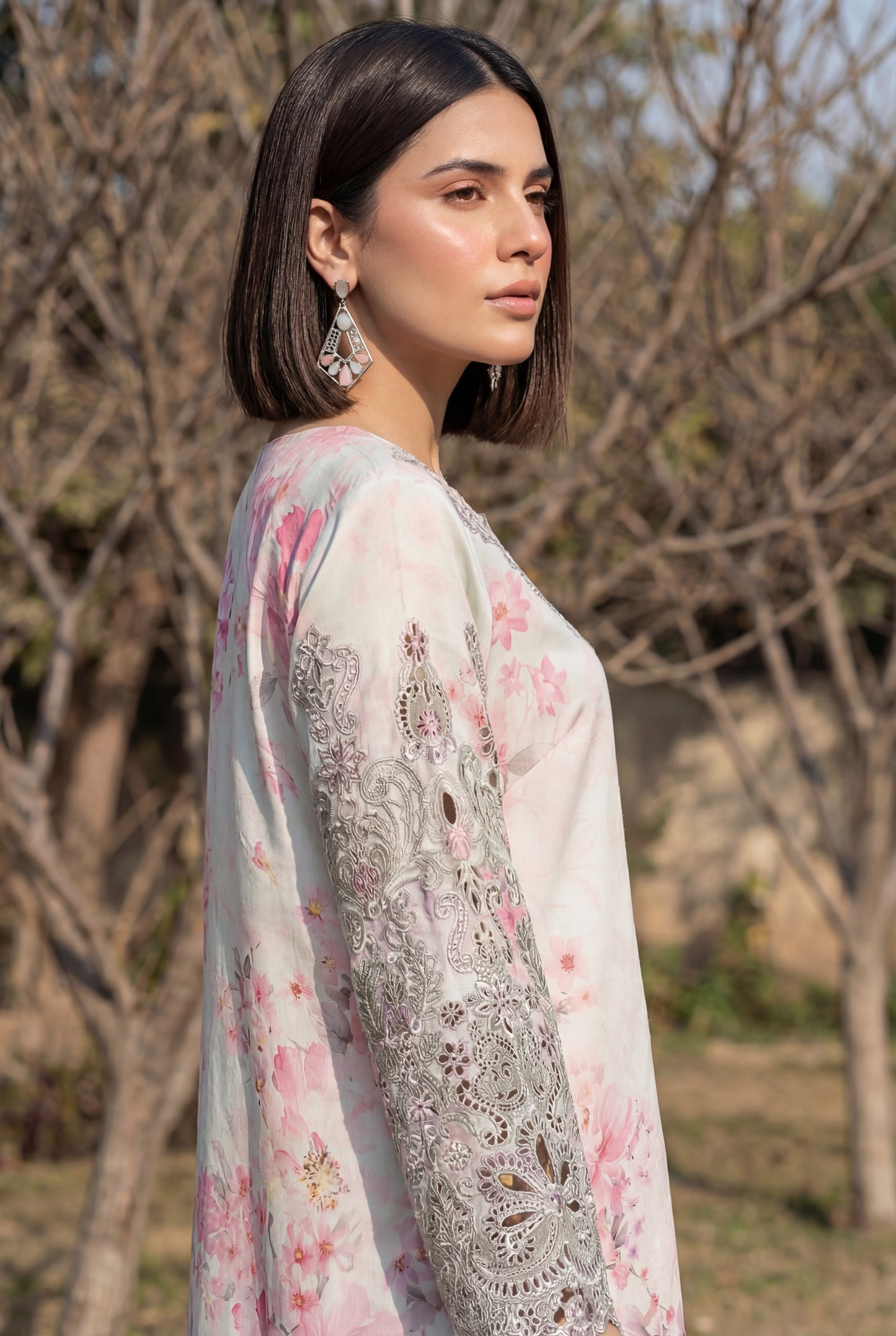 Blush Pink Floral Swiss Lawn Co-Ord Set with Schiffli Lace