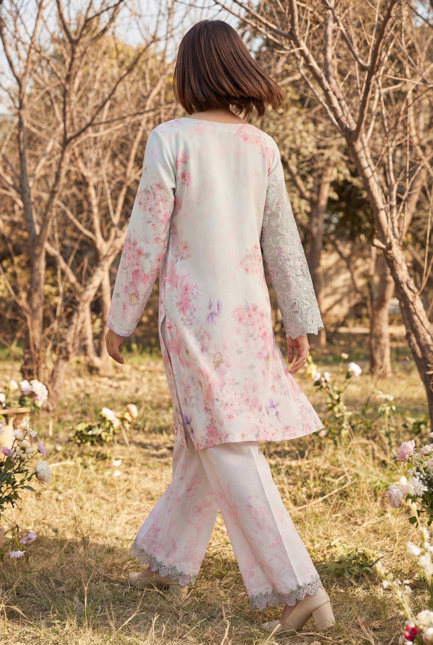 Blush Pink Floral Swiss Lawn Co-Ord Set with Schiffli Lace