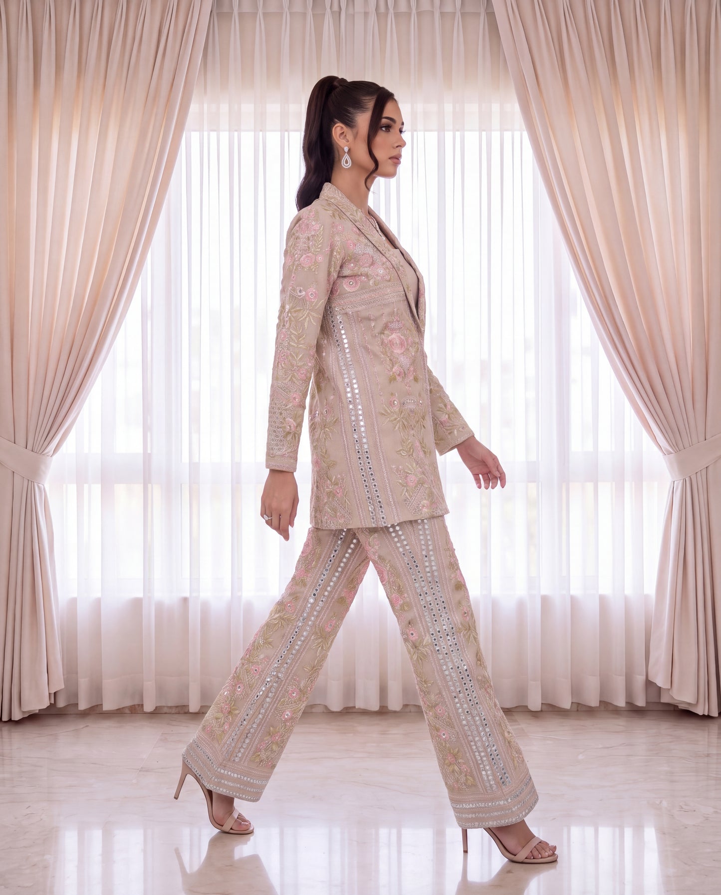 Blush Garden Embroidered Organza Jacket & Trouser Set