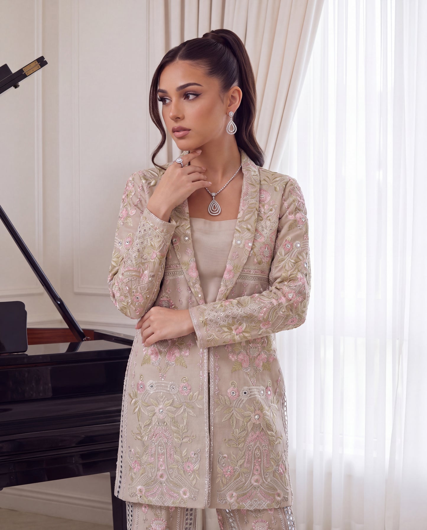 Blush Garden Embroidered Organza Jacket & Trouser Set