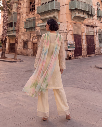 Cream Embroidered Viscose Dupion Kurta Set with Georgette Dupatta- (BG-783)