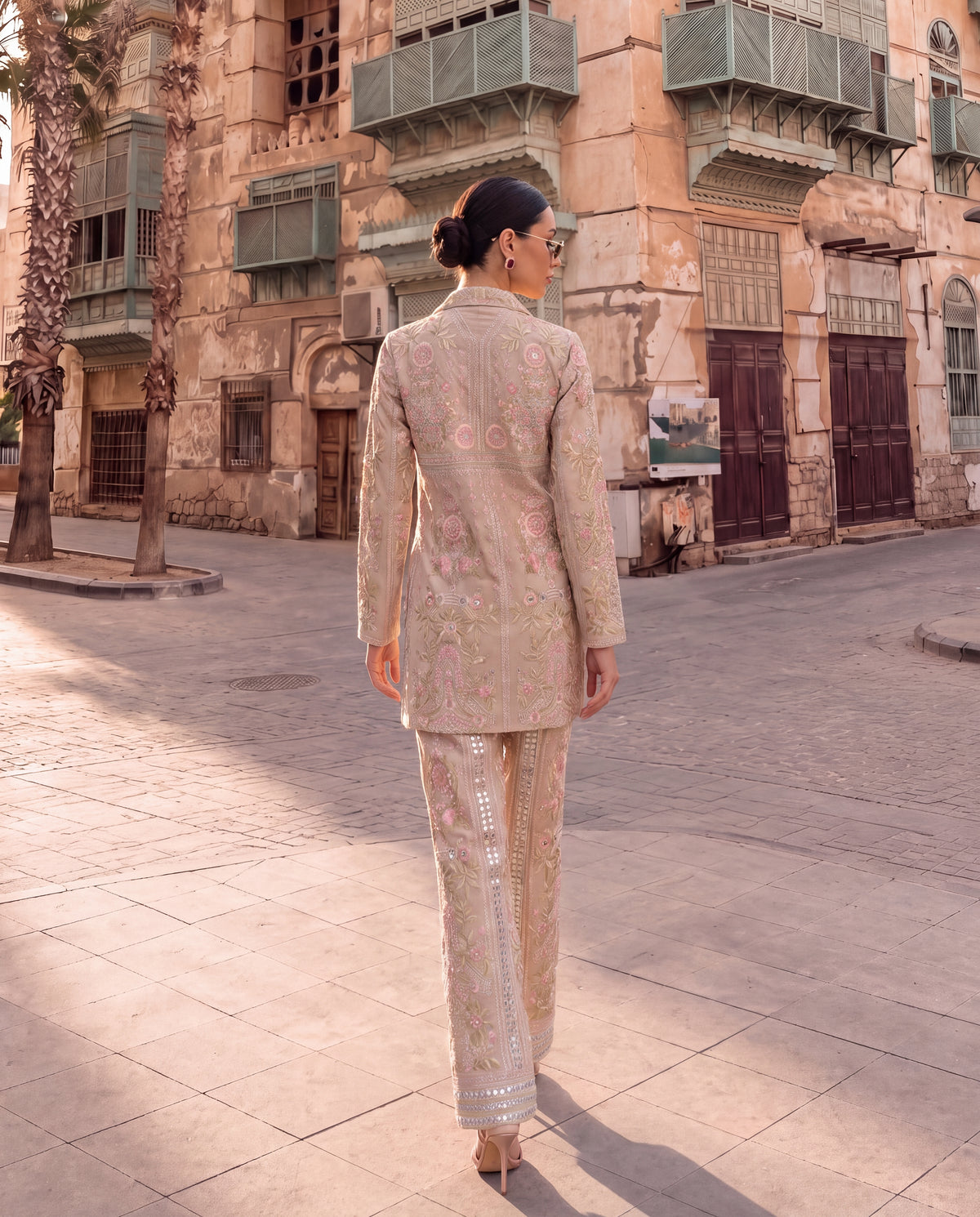 Blush Garden Embroidered Organza Jacket & Trouser Set – Full Length