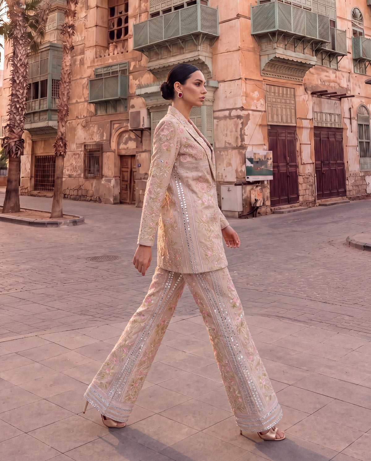 Blush Embroidered Organza Jacket Trouser Set – Back View