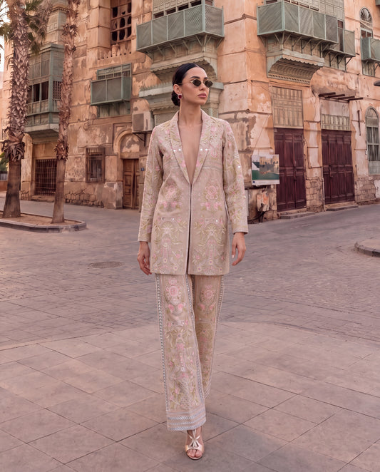 Blush Garden Embroidered Organza Jacket & Trouser Set-(BH-22221)