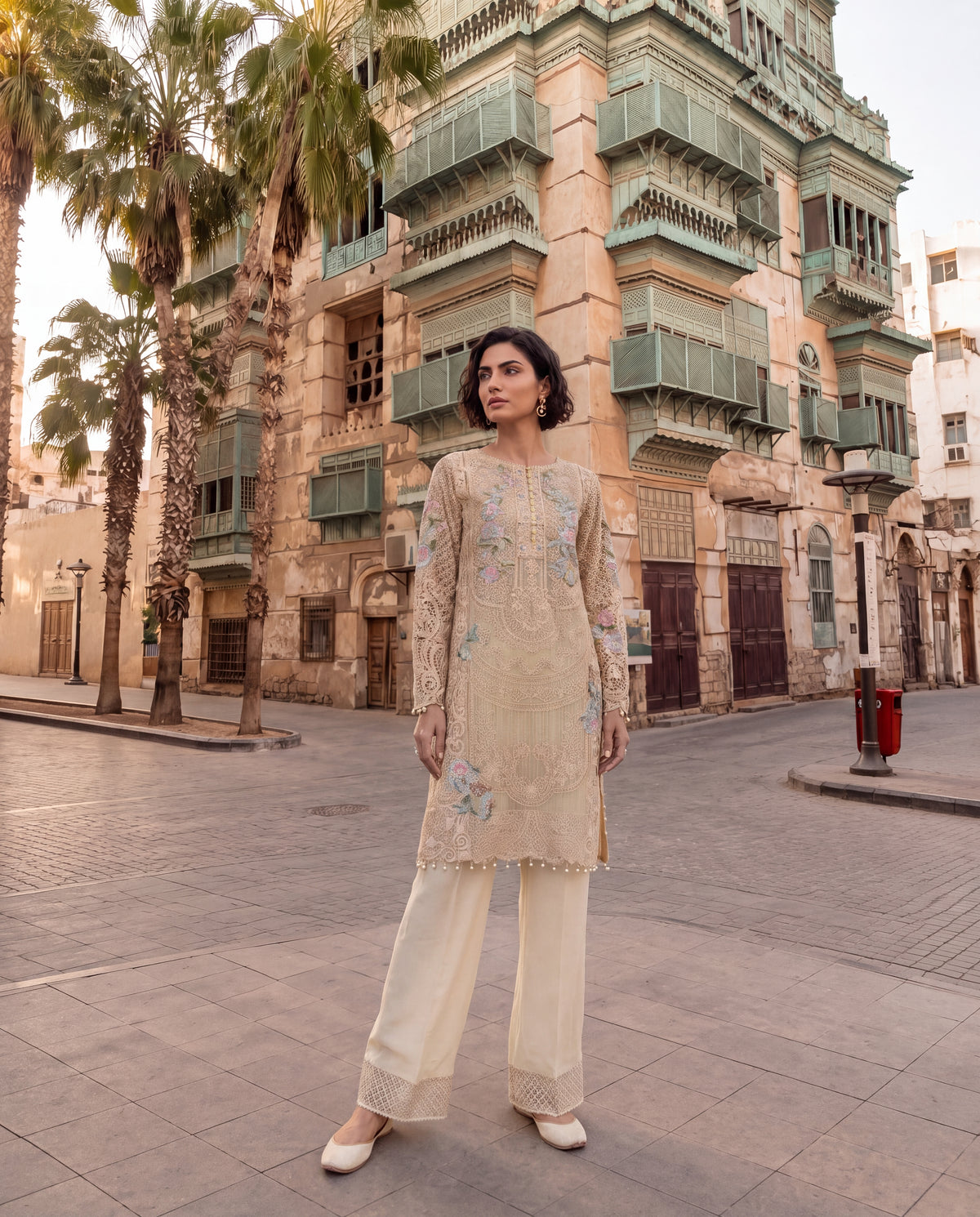 Cream Embroidered Viscose Dupion Kurta Set with Georgette Dupatta- (BG-783)