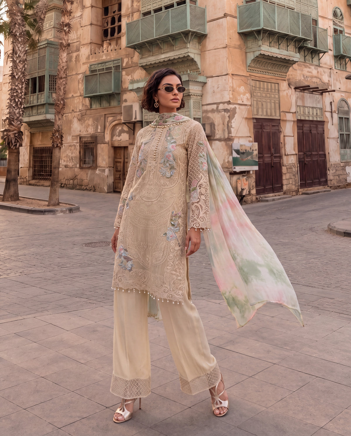 Cream Embroidered Viscose Dupion Kurta Set with Georgette Dupatta- (BG-783)