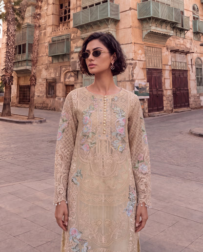 Cream Embroidered Viscose Dupion Kurta Set with Georgette Dupatta- (BG-783)