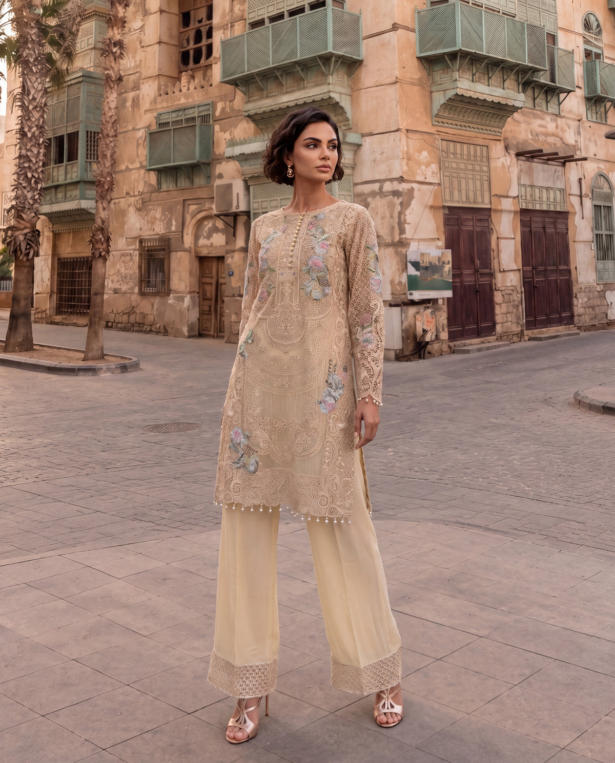 Cream Embroidered Viscose Dupion Kurta Set with Georgette Dupatta- (BG-783)