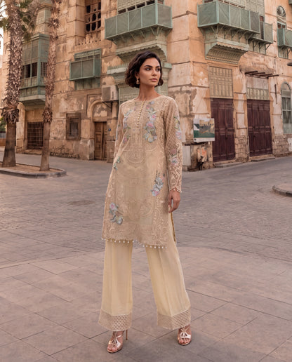 Cream Embroidered Viscose Dupion Kurta Set with Georgette Dupatta- (BG-783)