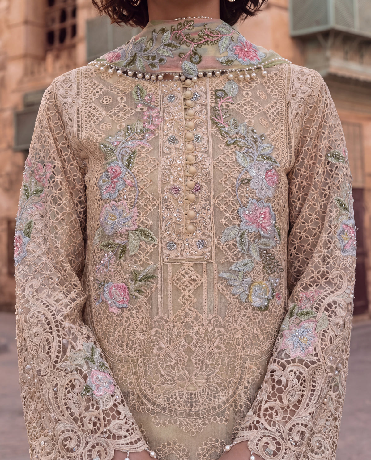 Cream Embroidered Viscose Dupion Kurta Set with Georgette Dupatta- (BG-783)
