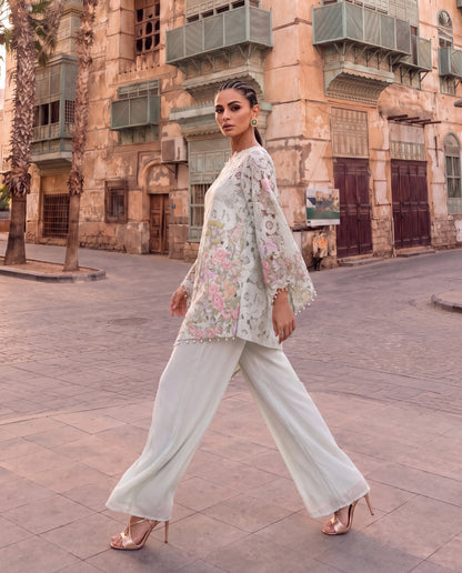 Sage Green Embroidered Cutwork Kurta Set with Shaded Chiffon Dupatta-(GS-6031)
