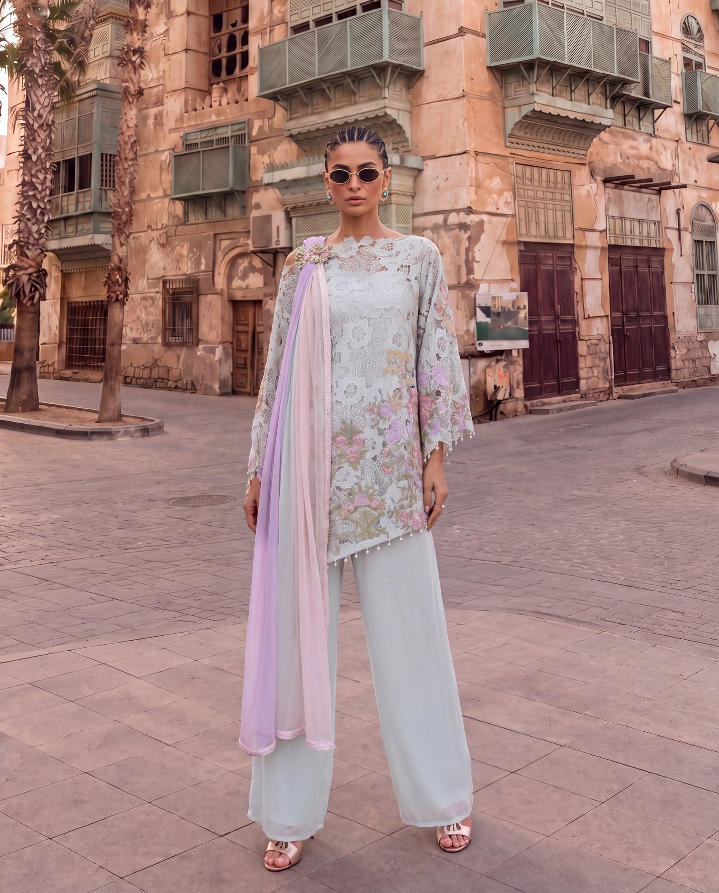 Sage Green Embroidered Cutwork Kurta Set with Shaded Chiffon Dupatta-(GS-6031)