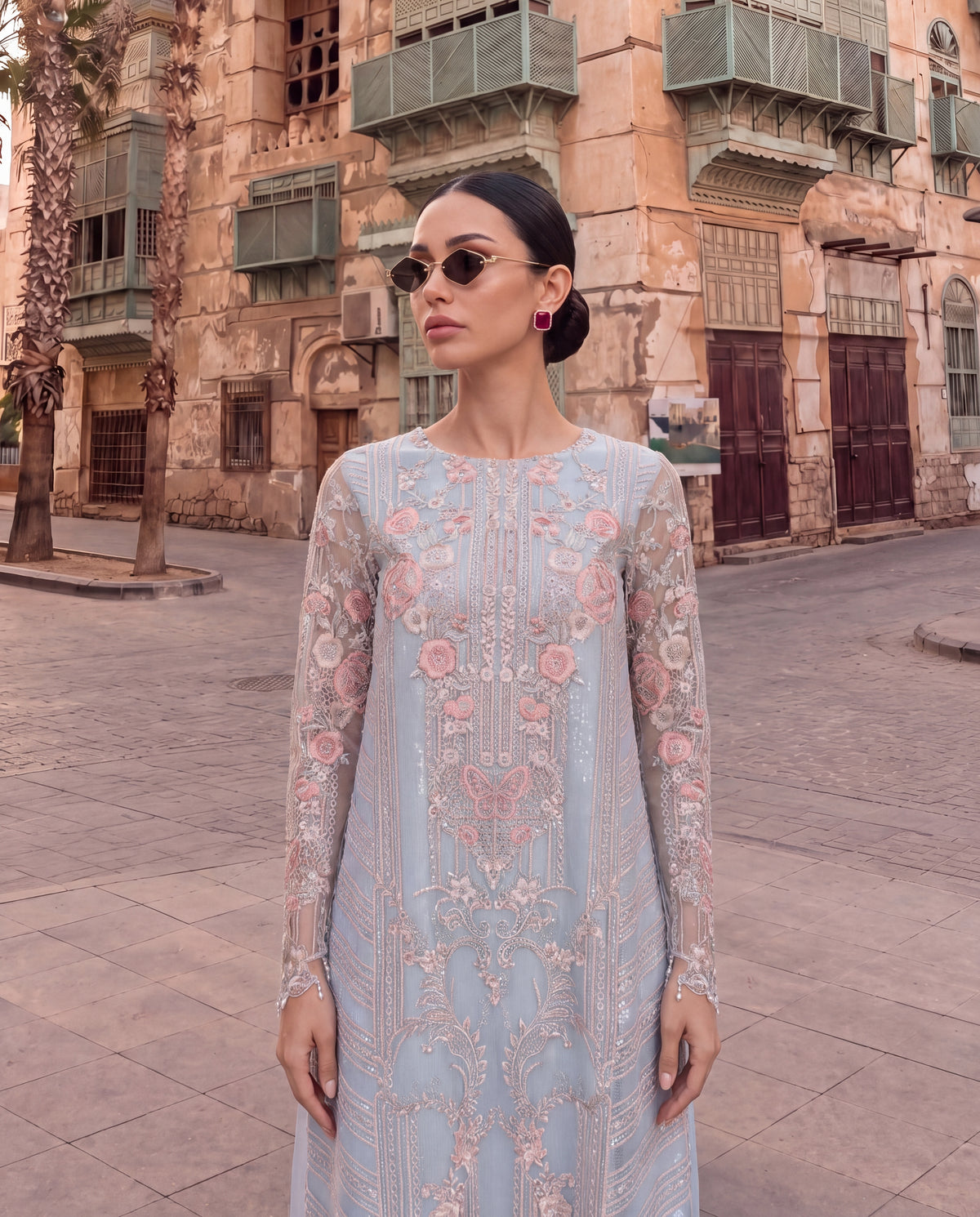 Powder Blue Embroidered 3-Piece Suit with Pearl Dupatta-(PBS-6102)