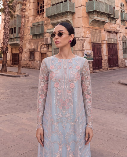 Powder Blue Embroidered 3-Piece Suit with Pearl Dupatta-(PBS-6102)